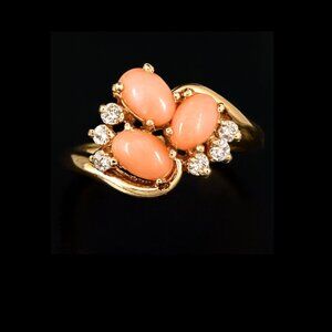Coral Cabochon and Faux Diamond Ring 18K Gold Electroplate Designer Mark